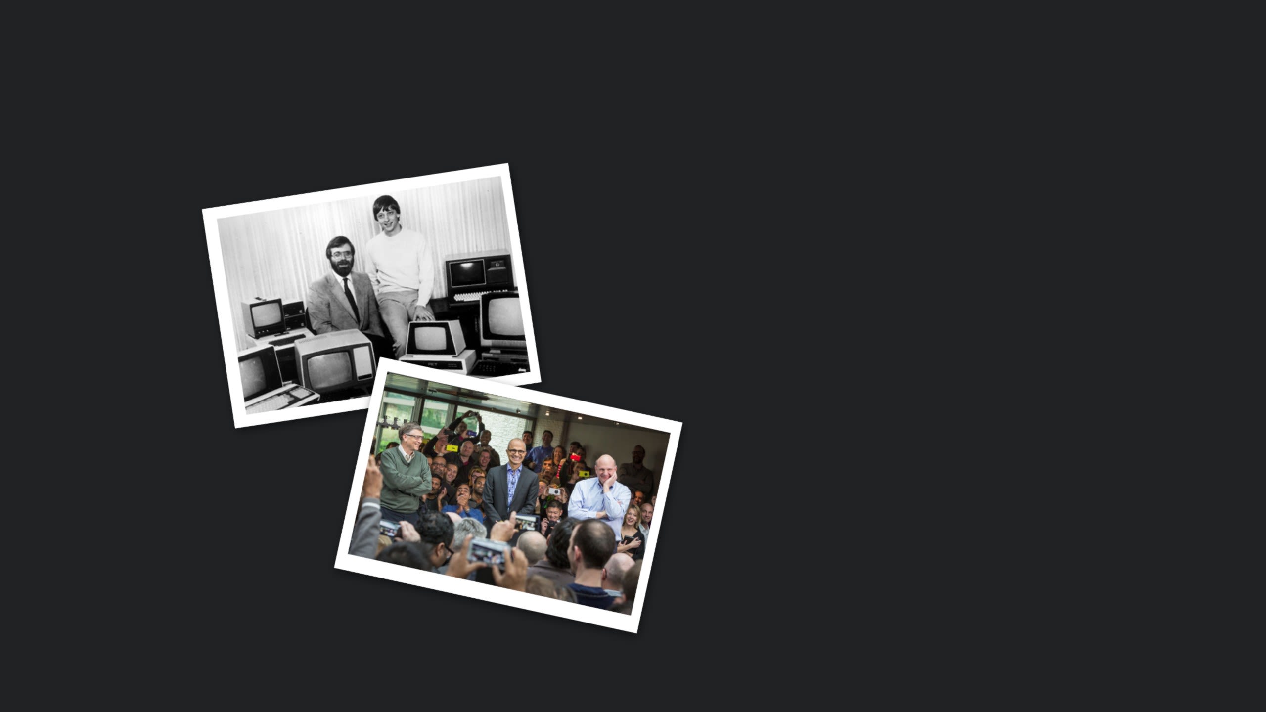 Two photographs. Bill Gates and Paul Allen among many computers.Bill Gates, Steve Ballmer, and Satya Nadella in a crowd of people taking photographs of them.