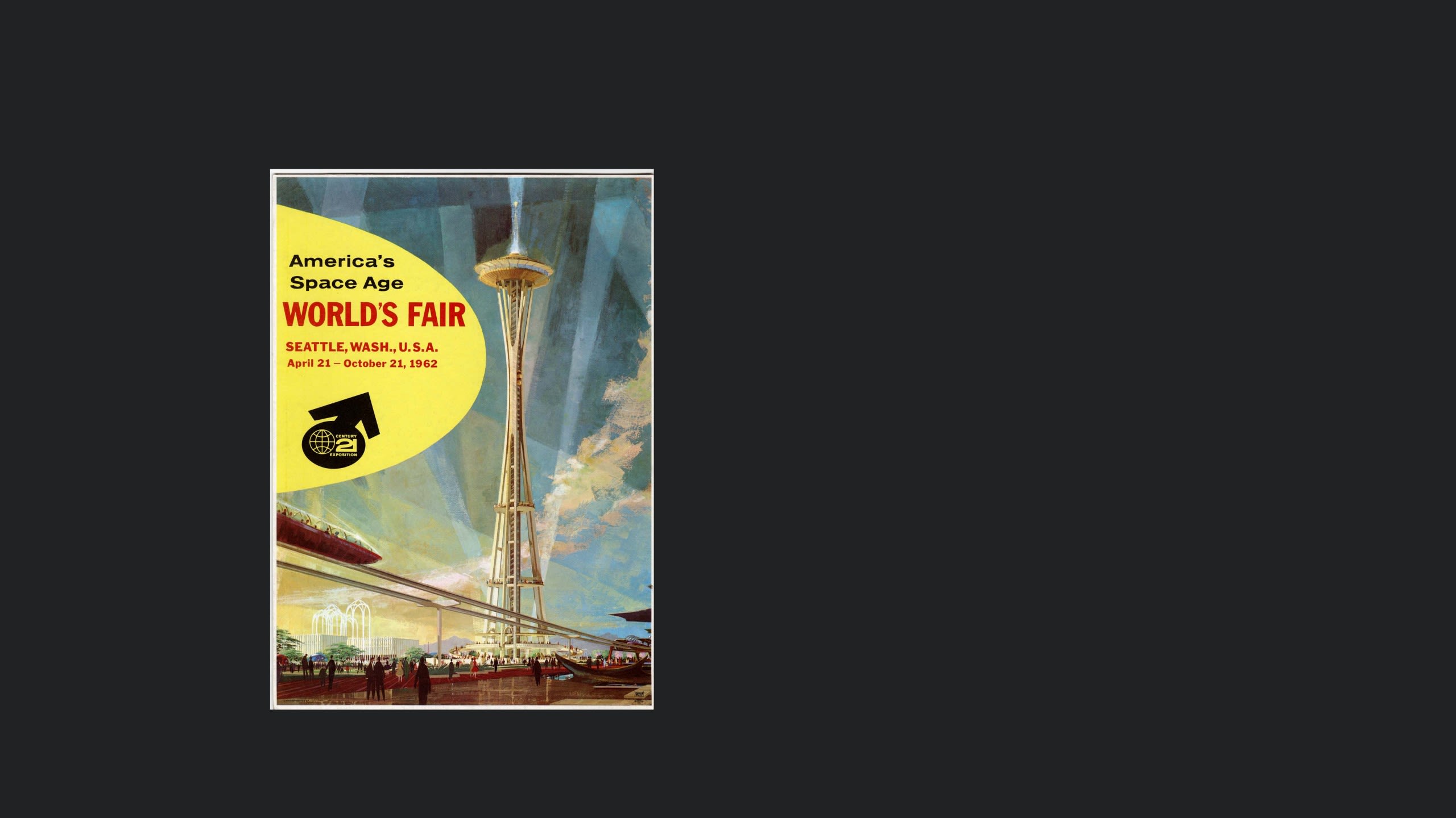 A painted poster showing the Space Needle and Monorail.