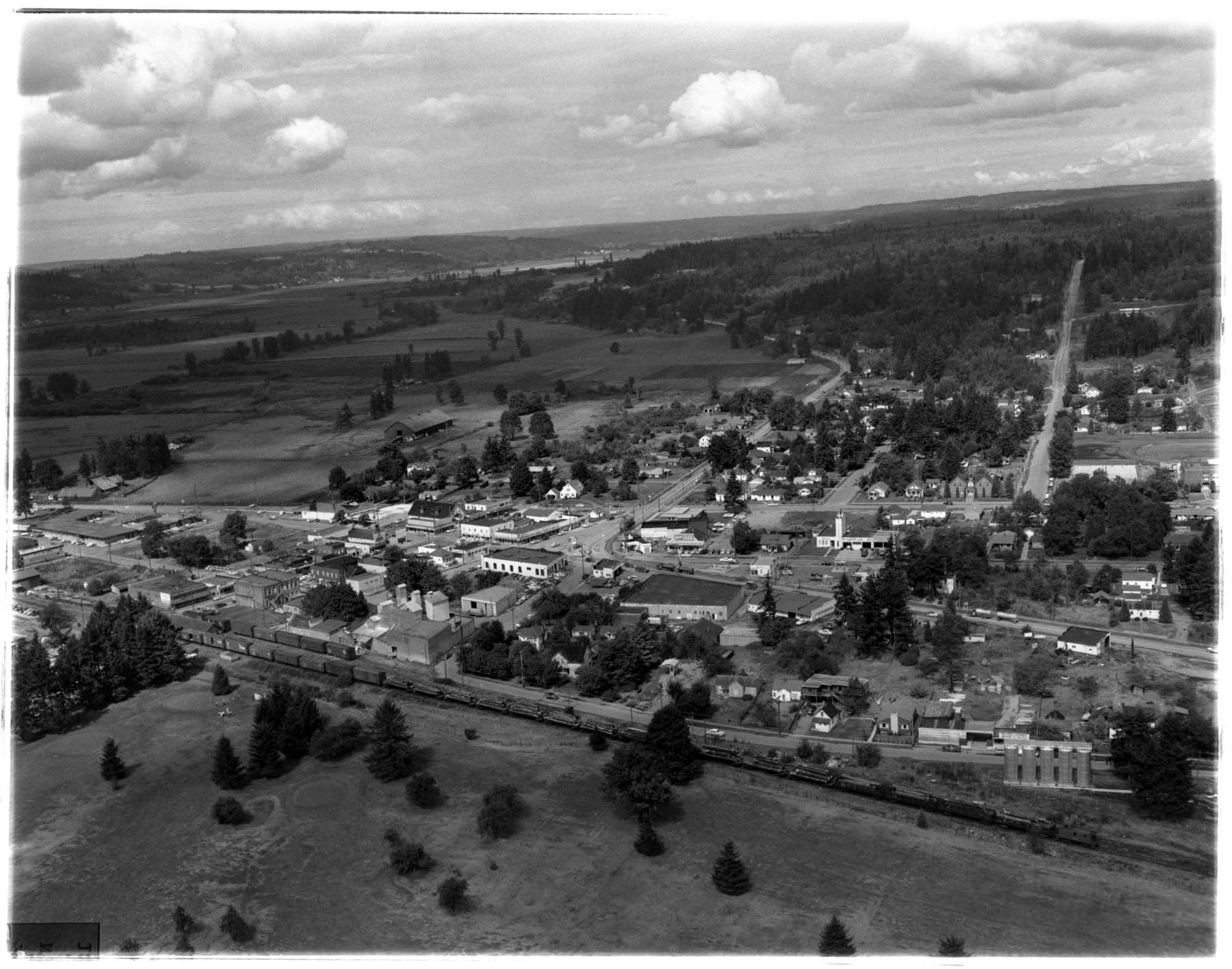 An aerial view of a suburban town.
