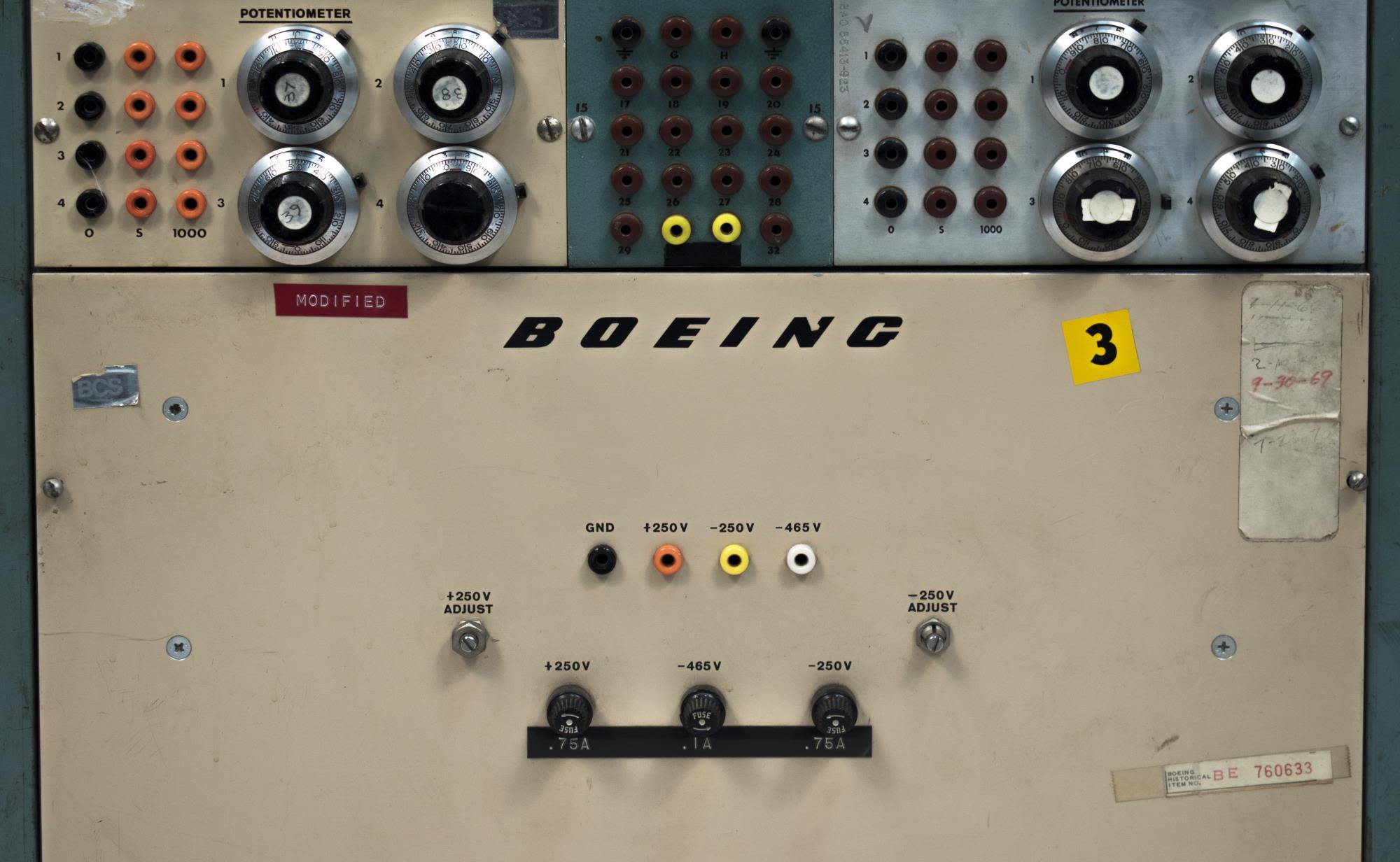 A detail of the computer showing the Boeing name.